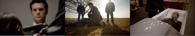 Drew is shot in the head while steely eyed Nicholas looks on. His body is dumped on Southfork. Drew in his casket.